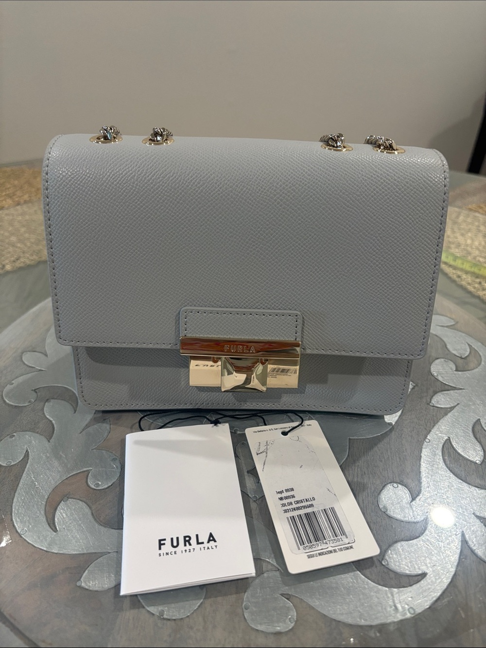 New Furla Light Gray Saffiano Leather Crossbody with Gold Chain/hardware & dusty - Picture 5 of 13